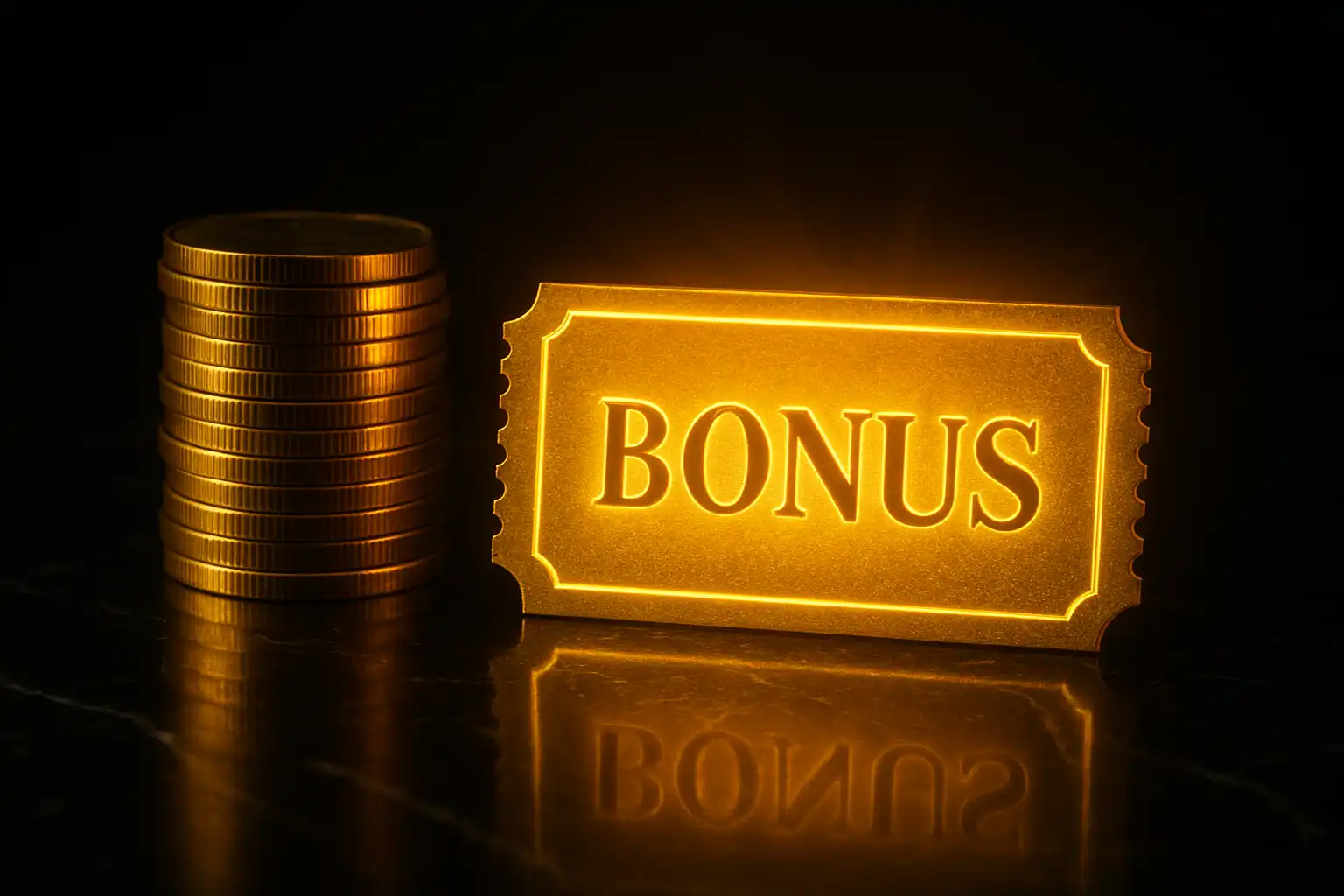 Stack of gold coins and a glowing bonus ticket on a black marble casino table