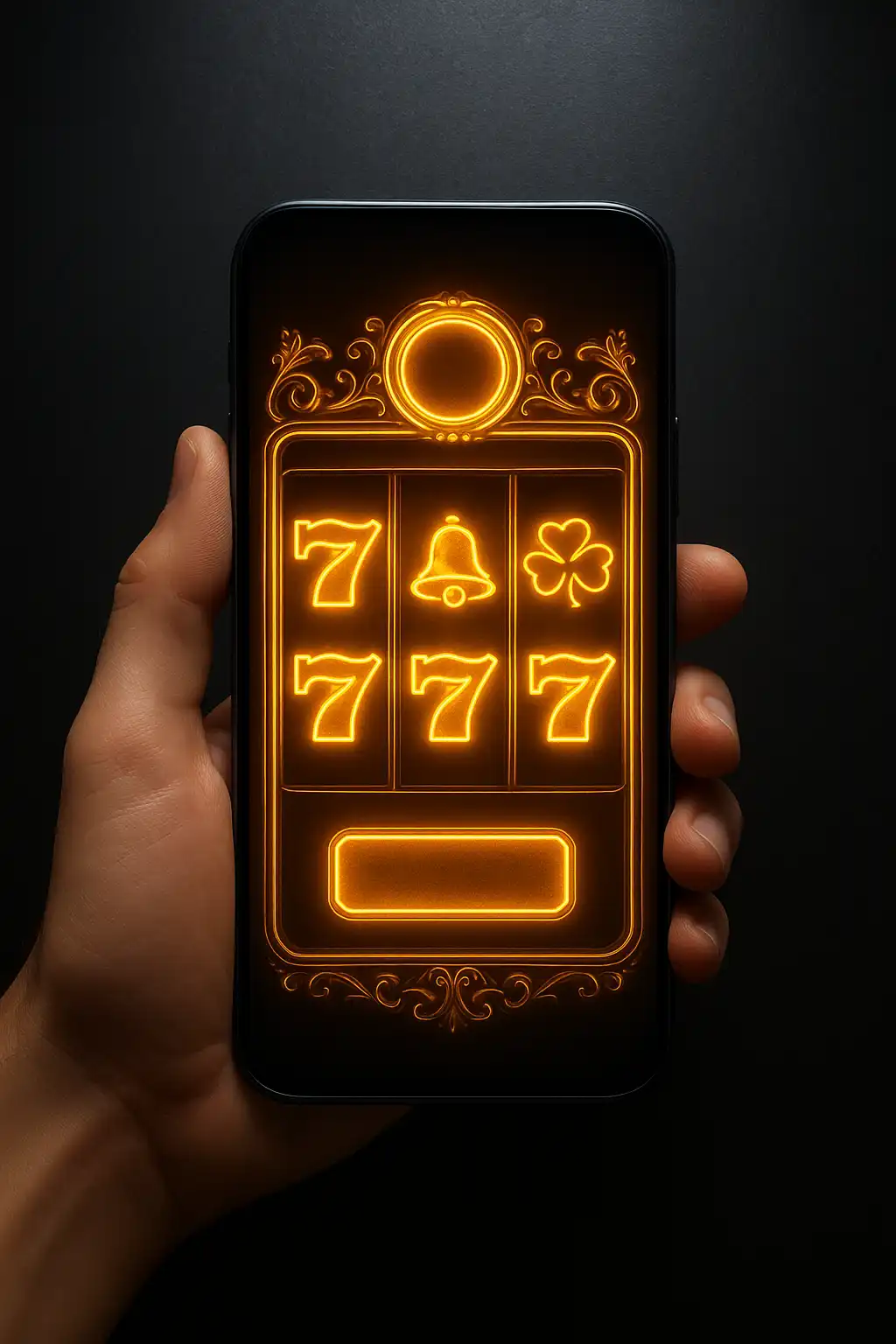 Smartphone displaying a casino slot game interface held against a dark metallic background